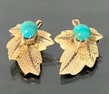 A mid 20th 14K Yellow Gold & Turquoise Clip On Leaf Earrings