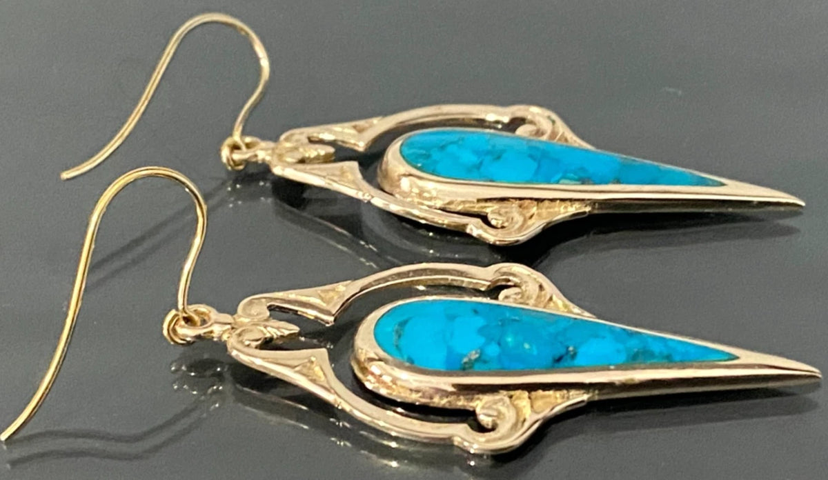 Vintage 9K Yellow Gold & Turquoise Drop Earrings 55mm High