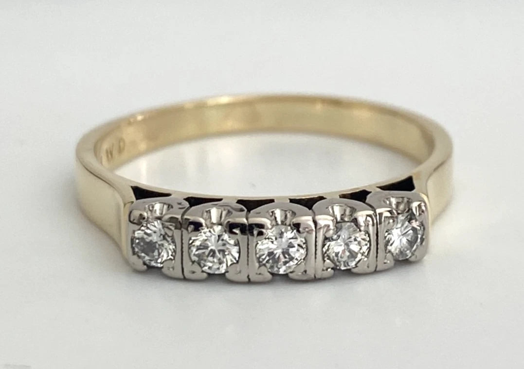 18K Yellow Gold & Palladium Five Stone Diamond Ring - Size R (US 8.75) 12849