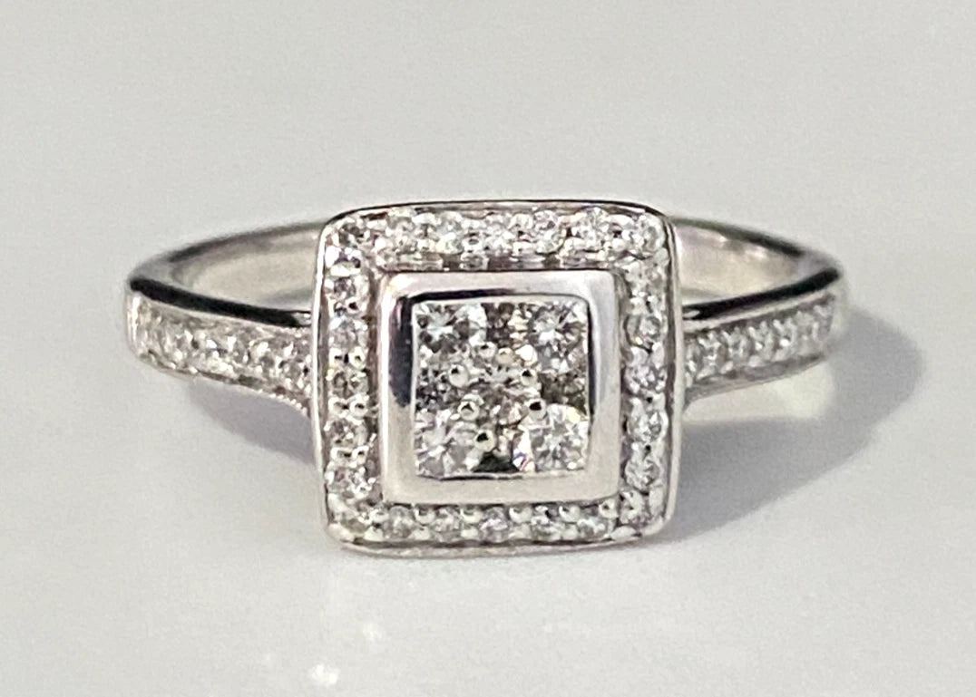 18K White Gold & 0.50CT Diamond Square Engagement Ring Size O - 7 1/4