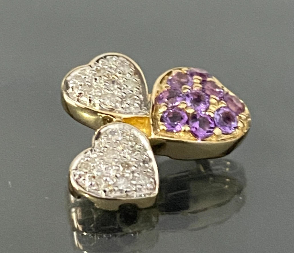 14K Yellow Gold W/ Amethyst & Diamond Triple Heart Pendant