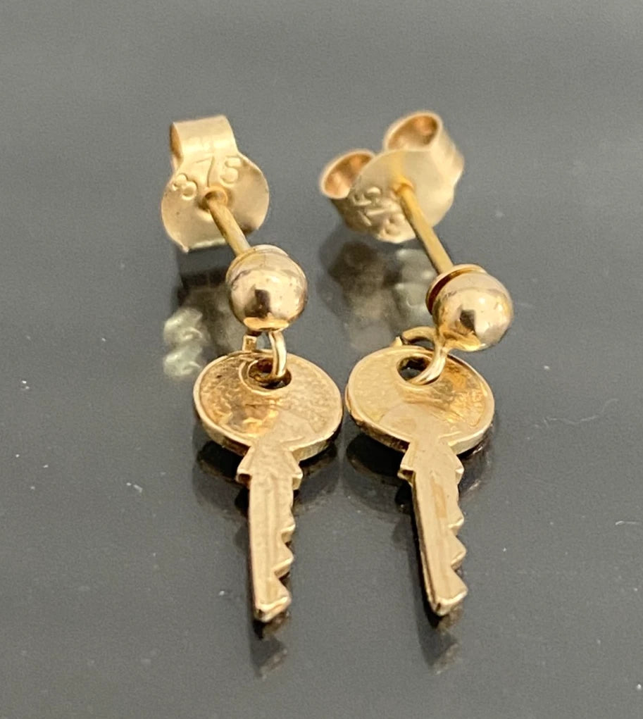 9K Yellow Gold Key Drop Stud Earrings