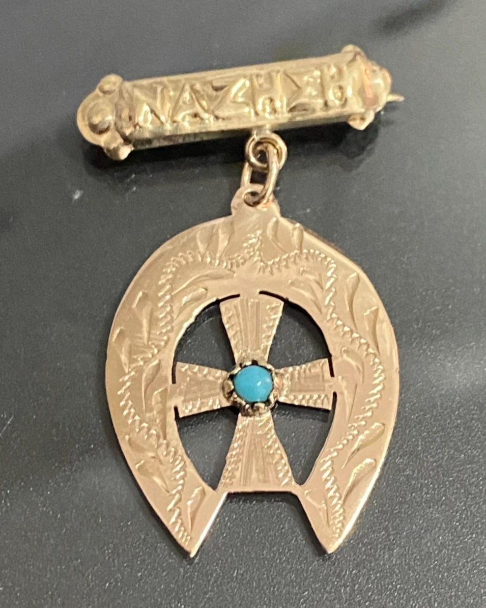 9K Rose Gold Horseshoe & Cross Turquoise NA ZHSH Baby Pin - Antique Jewellery