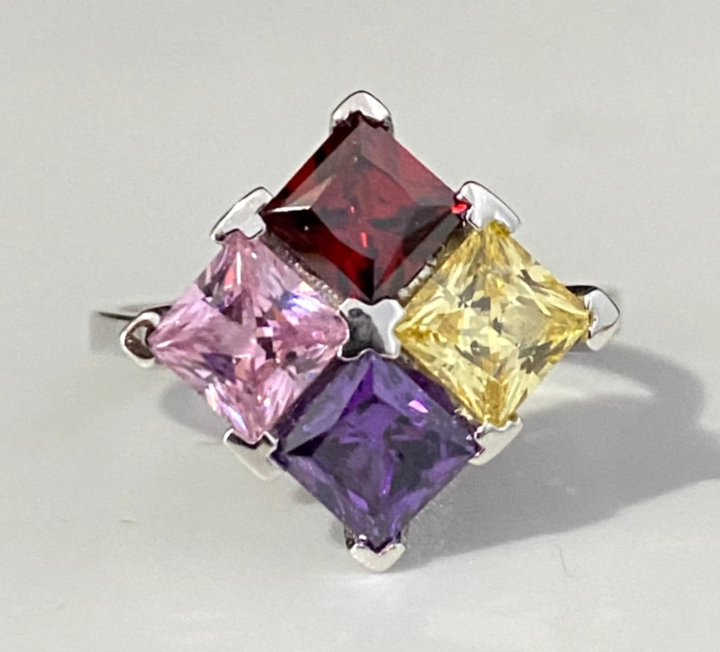 9K White Gold & Multicolored CZ Stones Ring Size O 1/2 - 7 1/4