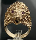 Heavy 9K Yellow Gold & Ruby Carved Lion Head Ring Size T - 10