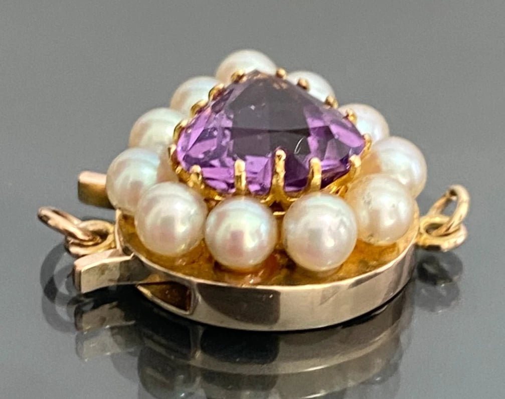 9CT Amethyst Pearl Heart shape Fishhook Clasp - Vintage Jewellery