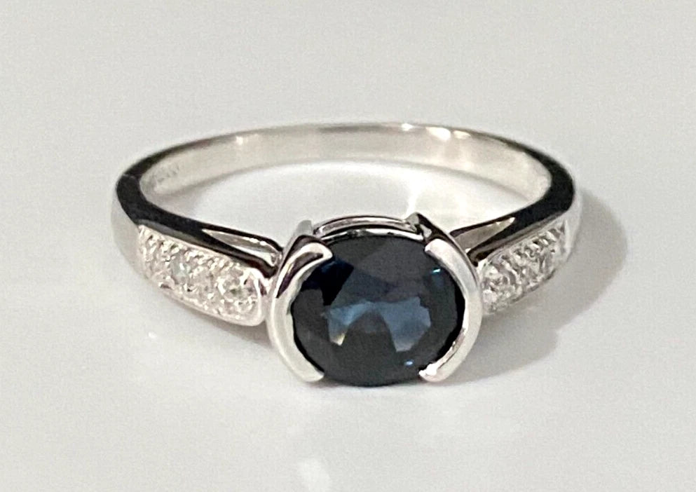 9K White Gold W/ Sapphire & White Zircon Ring Size P 1/2 - 7 3/4