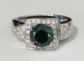 Heavy 18K White Gold W/Green Sapphire & Diamond Ring Size O - 7 1/4