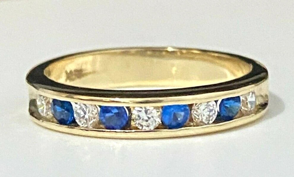 14K Yellow Gold W/ Blue & White CZ Channel Band Ring size M 1/2 - 6 1/4