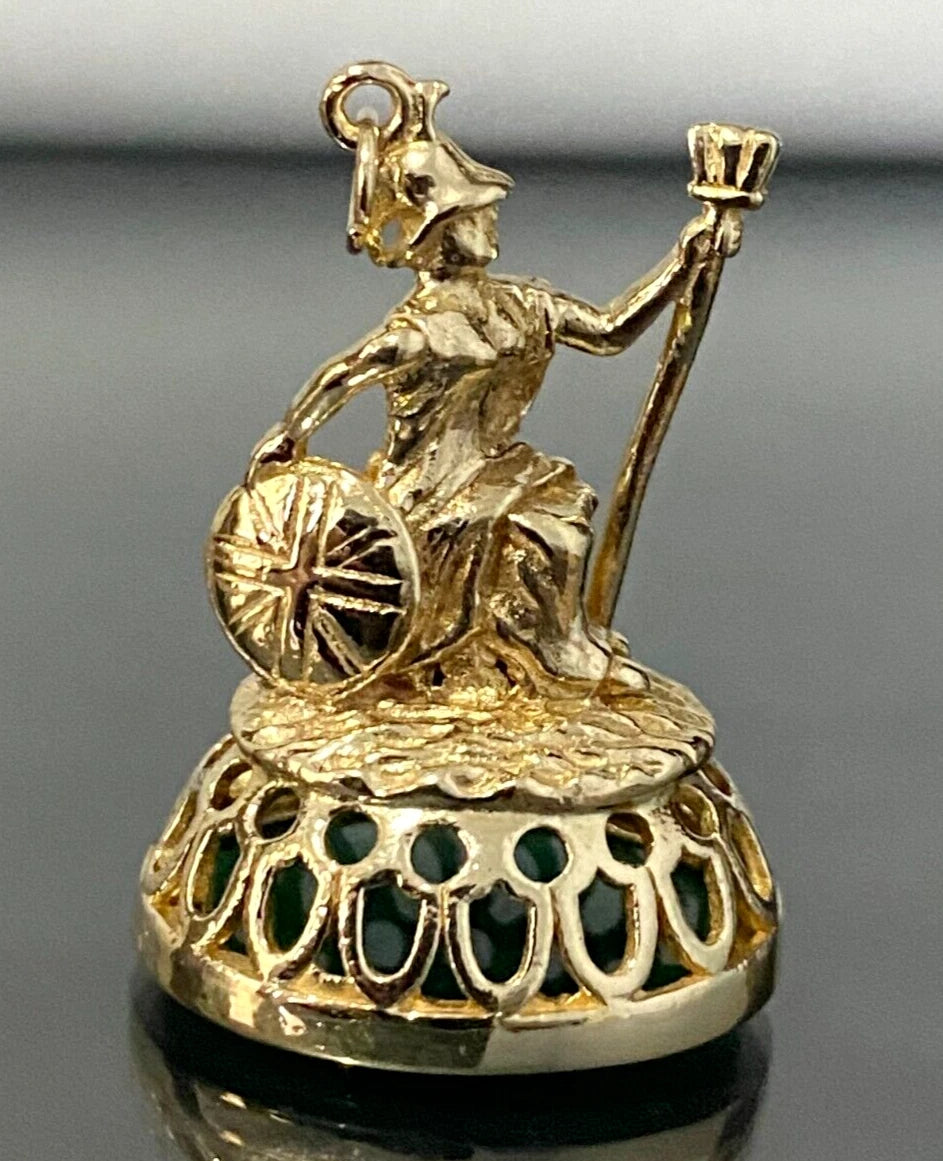 9K Yellow Gold W/ Chrysoprase Intaglio Britannia Charm Seal Fob Pendant