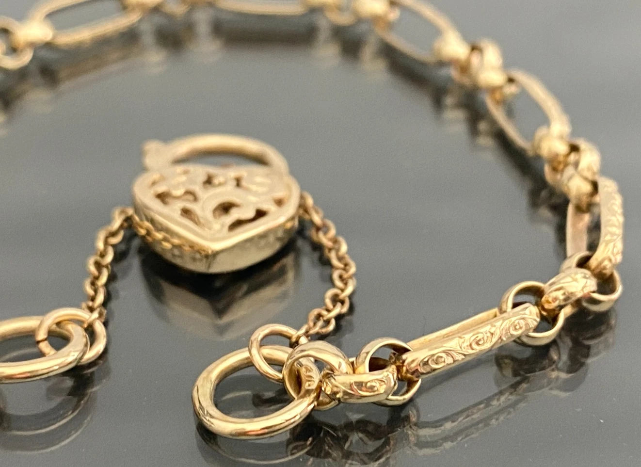 Vintage 9K Yellow Gold Ornate Fancy Link with Filigree Heart Padlock Bracelet
