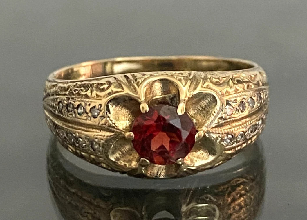 Vintage 9ct Gold Garnet & Diamond Ornate Gypsy Ring – Size X (US 11.75)