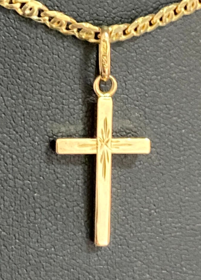Italian 18K Yellow Gold Engraved Cross Pendant 28.0mm High