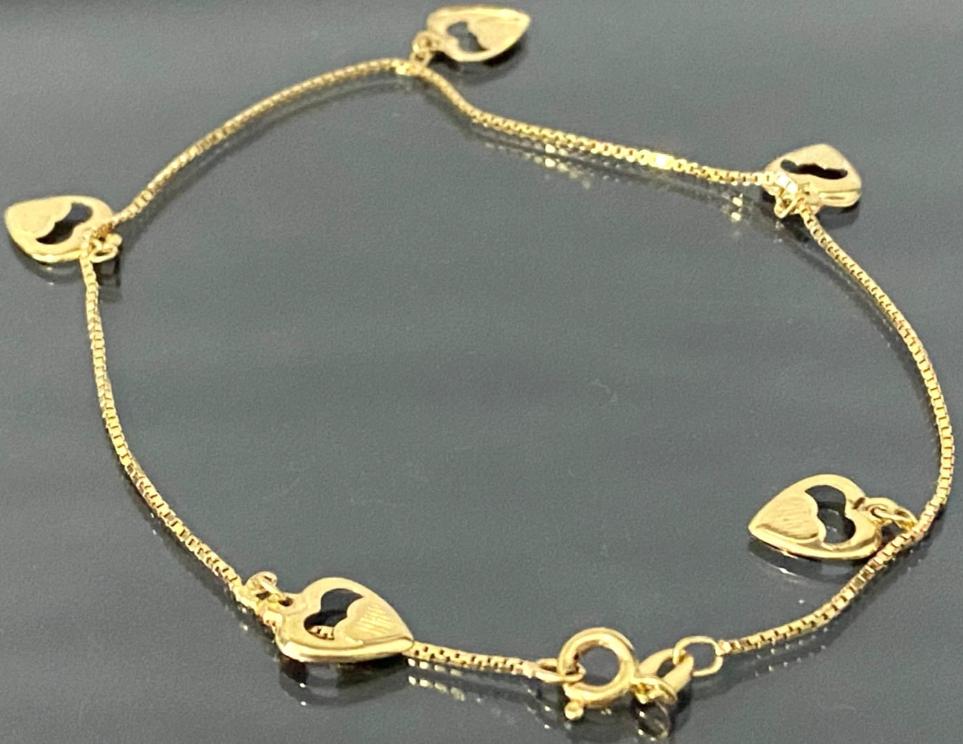 18K Yellow Gold Box Link With Heart Charms Anklet / Bracelet 24.0cm Long
