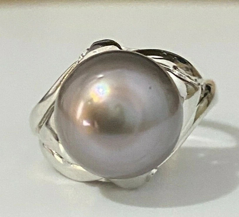 14K White Gold & 10.70mm Tahitian Pearl Ring size K - 5 1/8