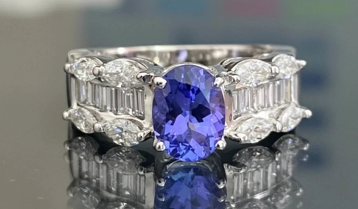 14K White Gold Tanzanite & Diamond Dress Ring - 1.20ct Diamond Size M (US 6.25)