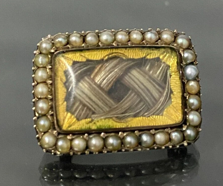 GEORGIAN 9K Gold W/ Pearl & Woven Hairwork Memorial Brooch