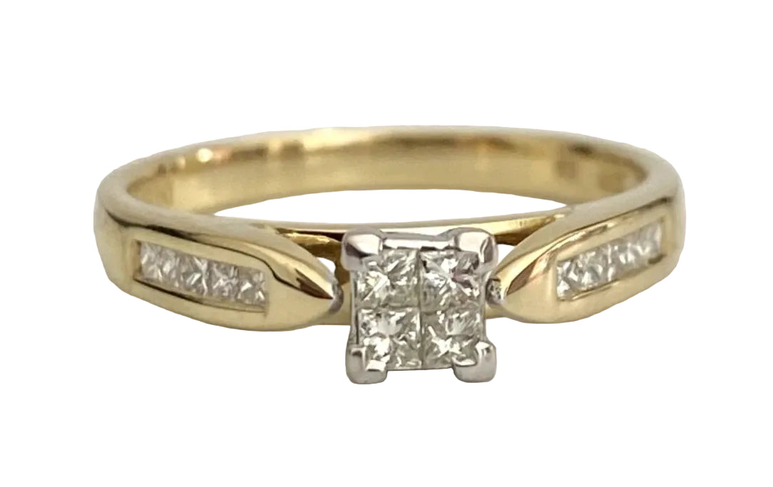 18ct Yellow Gold 0.50ct Princess Diamond Cluster Engagement Ring - Size N 1/2