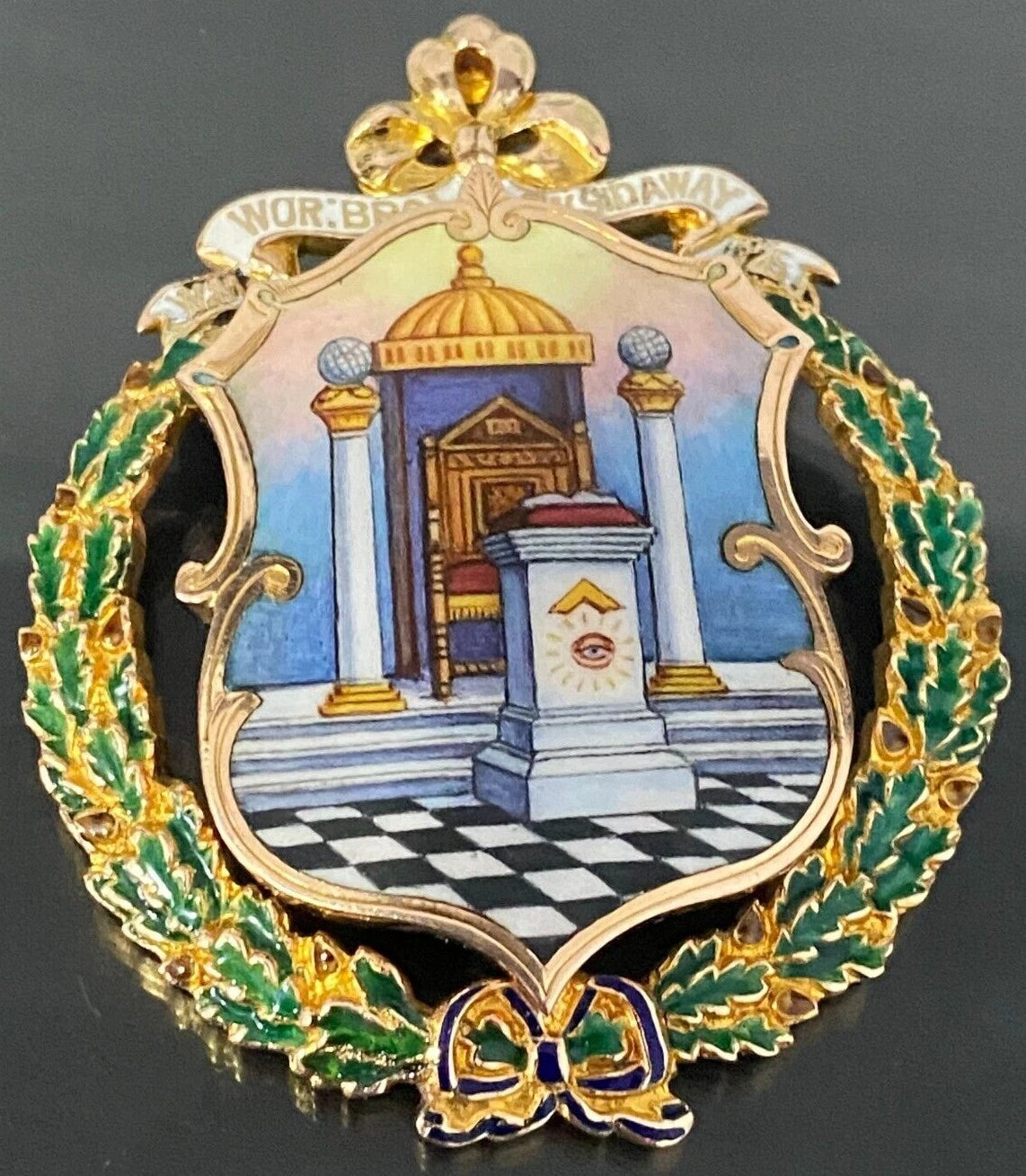Rare Antique 9K Gold Hand Painted Shield Masonic Medallion Pendant C1925
