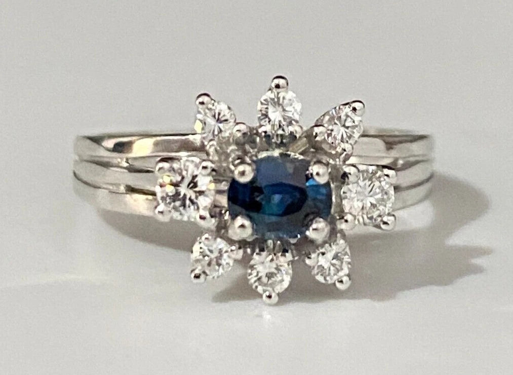 18K Gold W/ Sapphire & Diamond Cluster Engagement Ring Size N 1/2 - 6 3/4