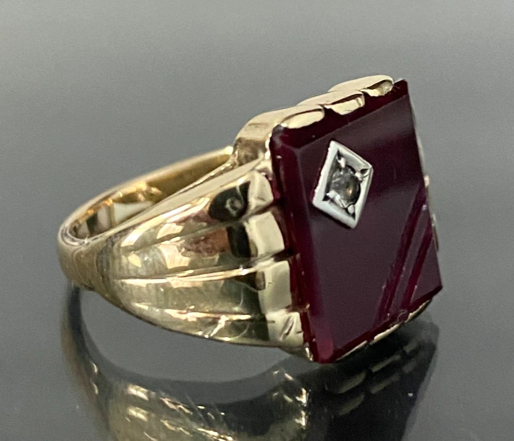 10K Yellow Gold W/ Synthetic Ruby & Stone Men's Signet Ring Size R - 8 7/8