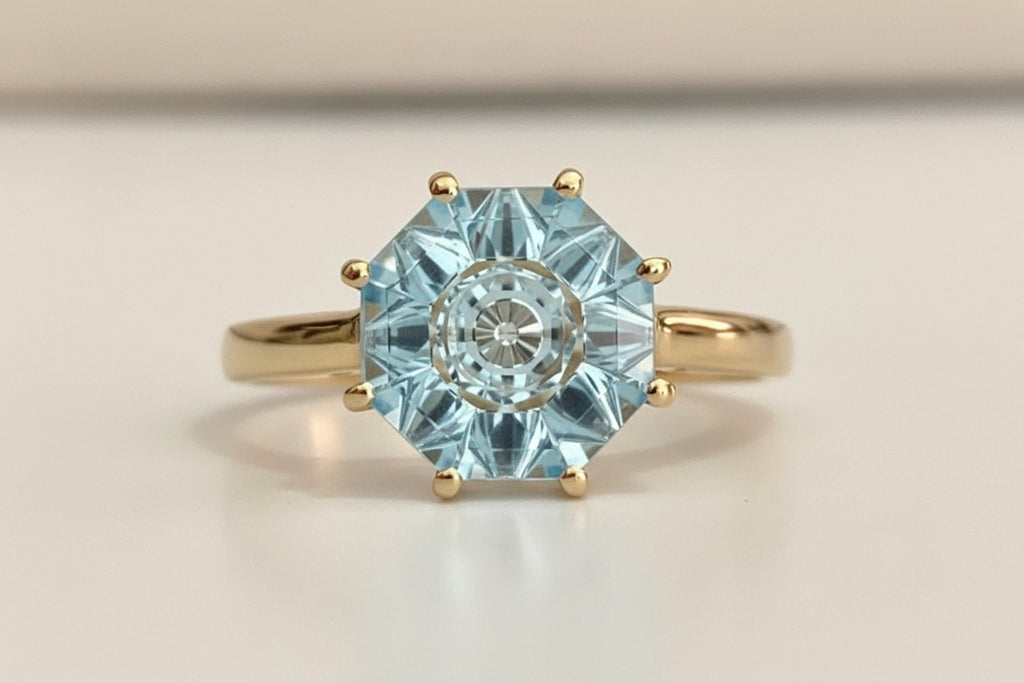 10K Yellow Gold 3.17CT Quasar Cut Sky Blue Topaz Ring Size N (US 6.75)
