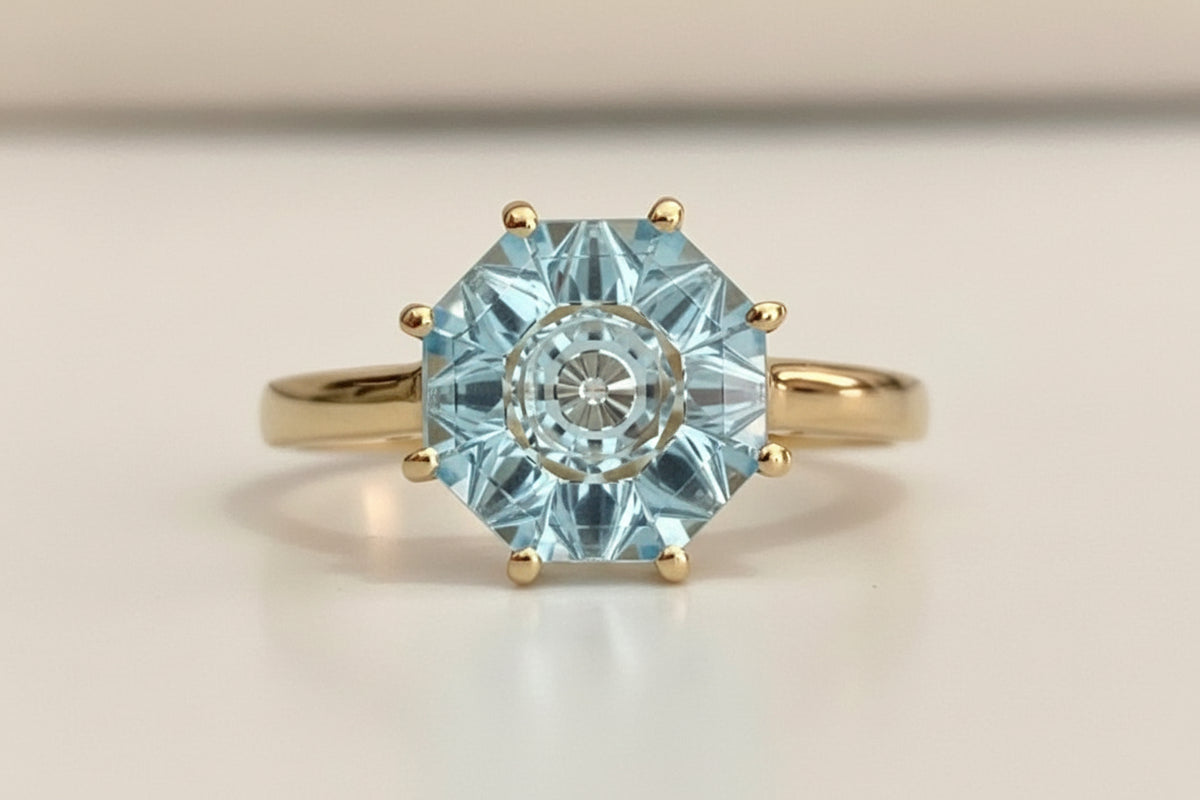 10K Yellow Gold 3.17CT Quasar Cut Sky Blue Topaz Ring Size N (US 6.75)