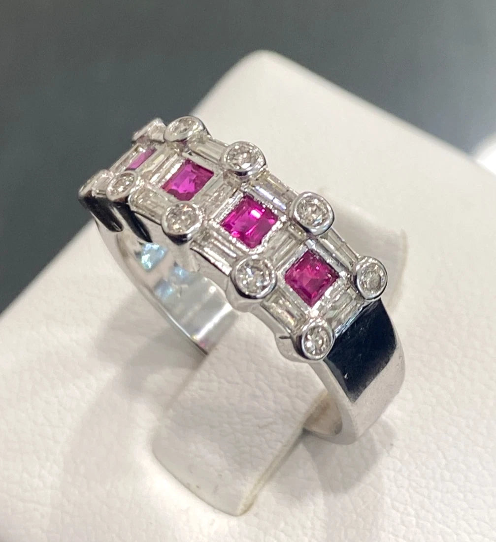 14K White Gold W/ Ruby & 0.60CT Diamond Ring Size N - 6 3/4