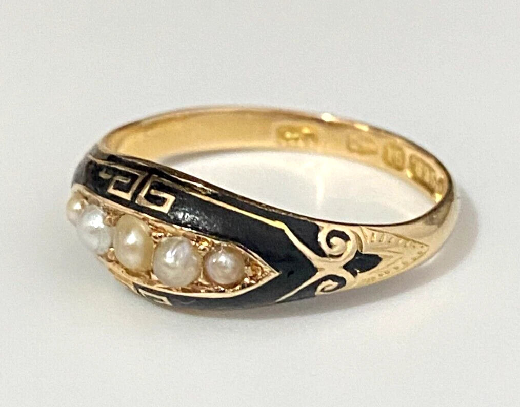 Victorian 15K Yellow Gold W/ Pearl Enamel Ring C1881 Size P 1/2 - 7 3/4