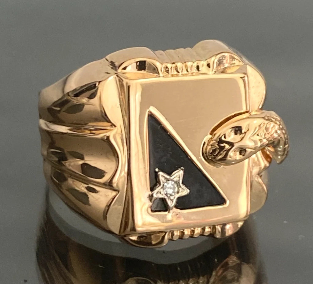 Vintage 18K Solid Yellow Gold Diamond & Black Onyx Serpent Men's Ring - Size R