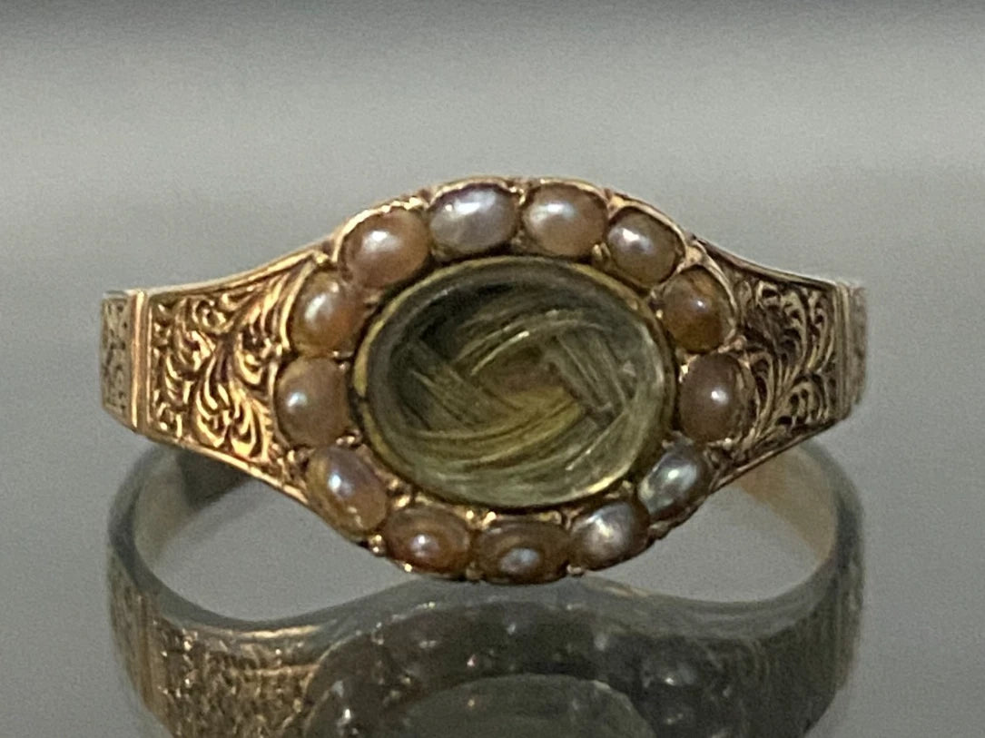 1850's 15K Yellow Gold Seed Pearl Memorial Engraved Ring Size R 1/2 - 9 1/8
