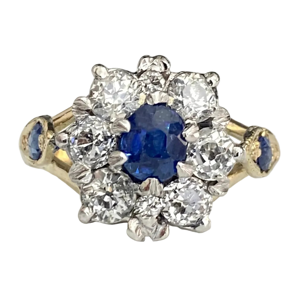 Vintage 18K Gold Sapphire & 0.90CT Old Cut Diamond Cluster Ring Size P (US 7.75)