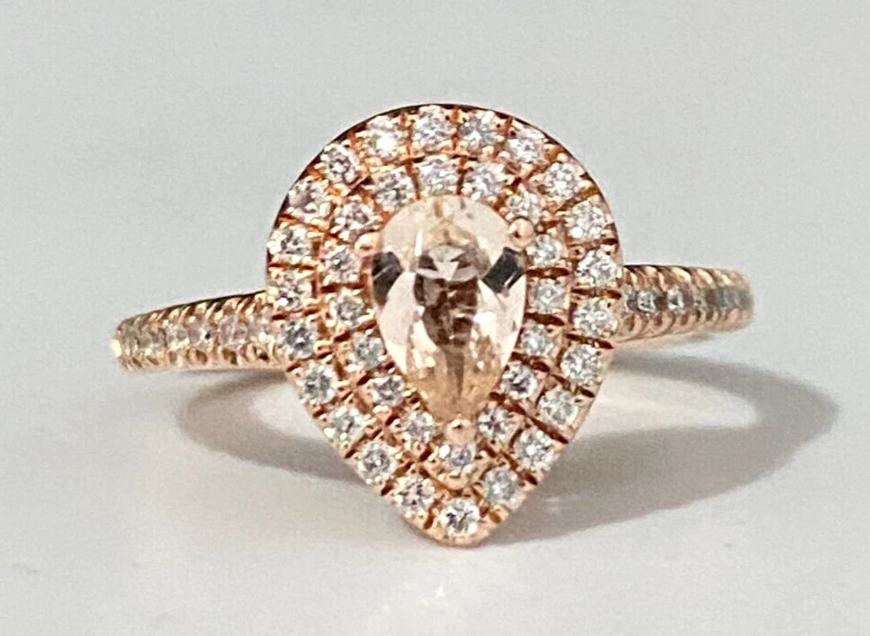 10K Rose Gold W/ Morganite & 0.25CT Diamond Halo Ring Size H 1/2 - 4