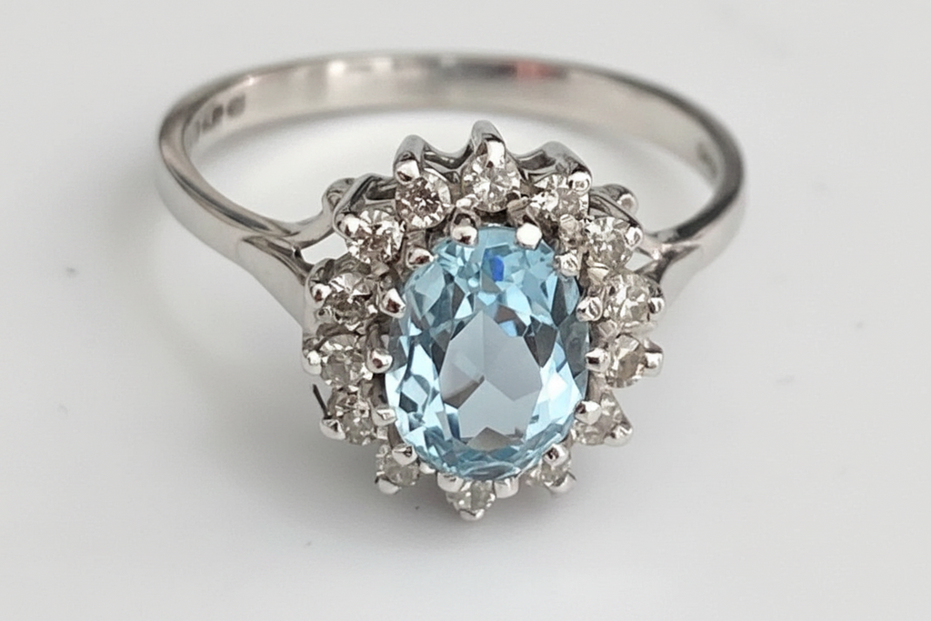 18K White Gold Aquamarine & Diamond Cluster Ring Size P 1/2 (US 8)