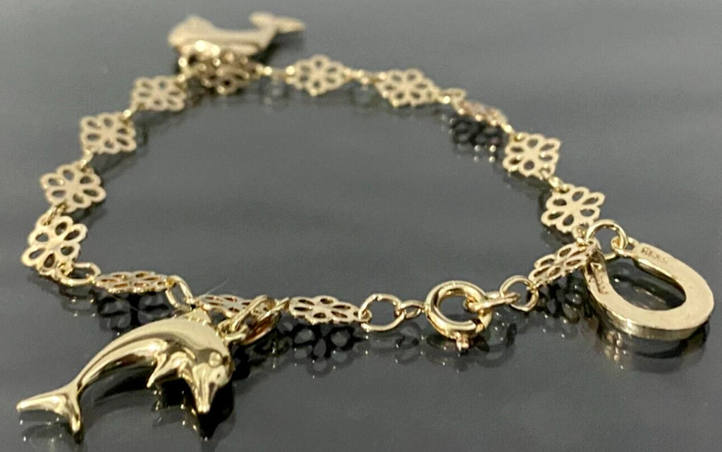 9K Yellow Gold Flower Link Horseshoe Dolphin Charm Bracelet 17.0cm Long