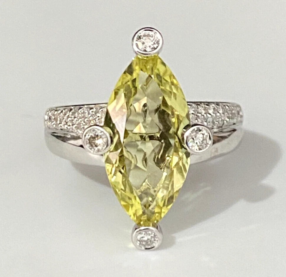 18K White Gold W/ 4.16CT Prasiolite & Diamond Ring Size M - 6