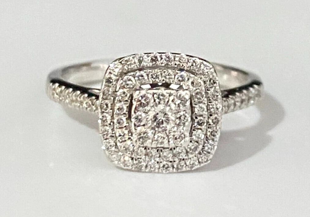 9K White Gold & 0.50CT Diamond Double Halo Engagement Ring Size P - 7 1/2