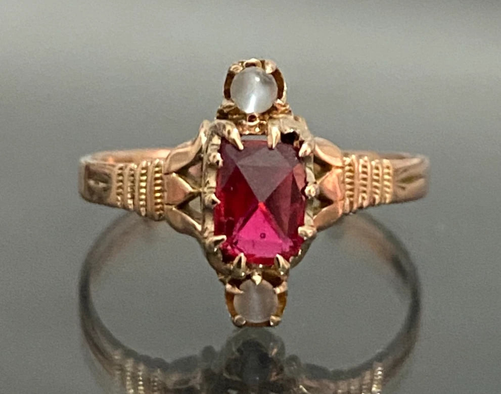 Antique 10K Rose Gold Red Paste Moonstone Ring Size P (US 7.75)