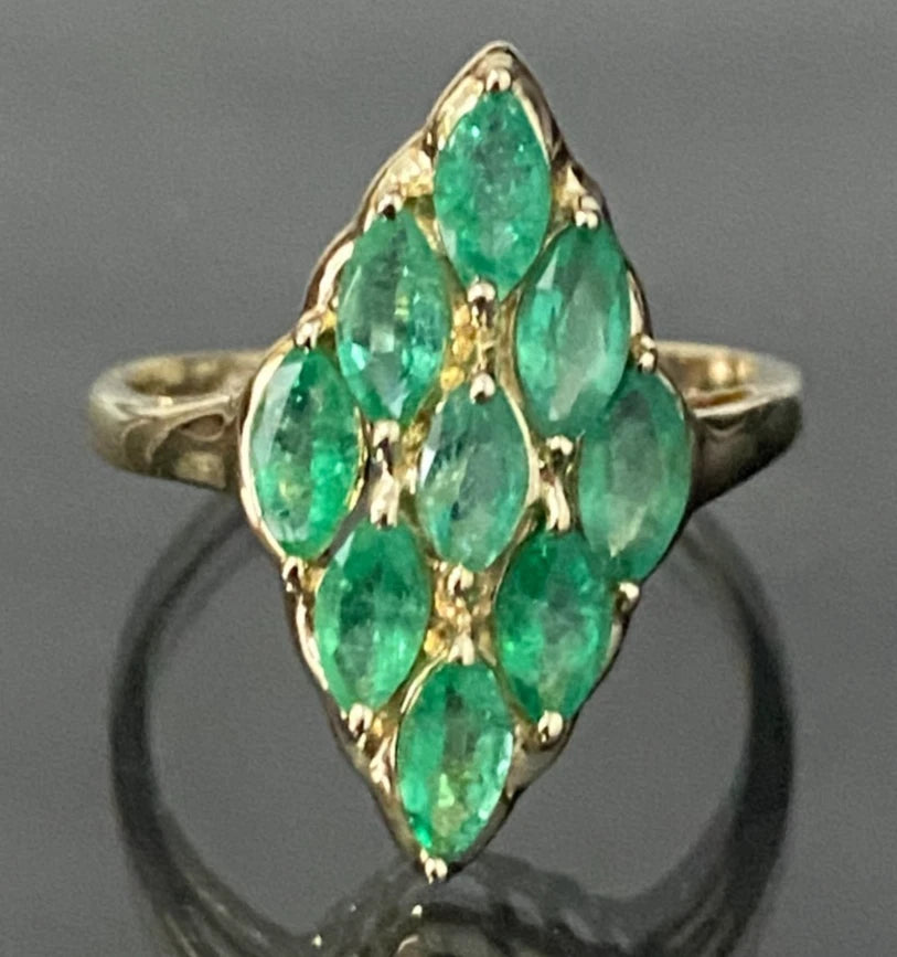 9K Yellow Gold & 1.10CT Marquise Emerald Cluster Ring Size Q - 8 1/4
