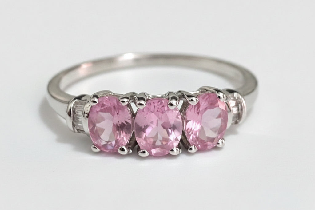 10K White Gold W/ Spinel & Diamond Three Stone Ring - Size Q (US 8.25)