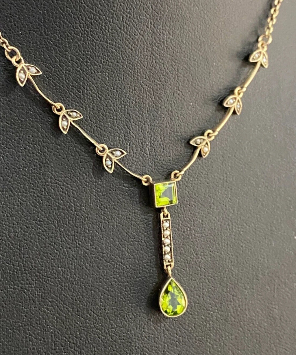 Edwardian 9K Yellow Gold W/ Peridot & Seed Pearl Drop Necklace 45cm Long
