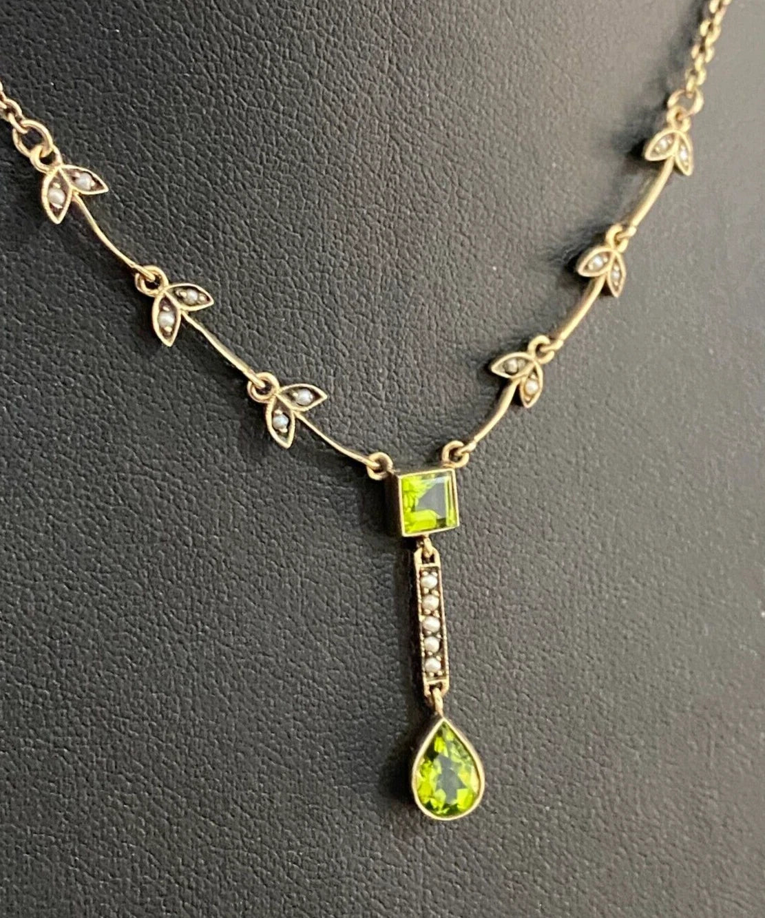Edwardian 9K Yellow Gold W/ Peridot & Seed Pearl Drop Necklace 45cm Long