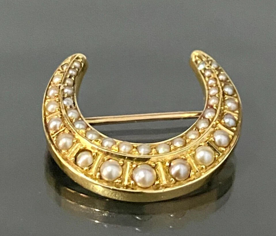 Antique 15K Yellow Gold & Pearl Crescent Brooch
