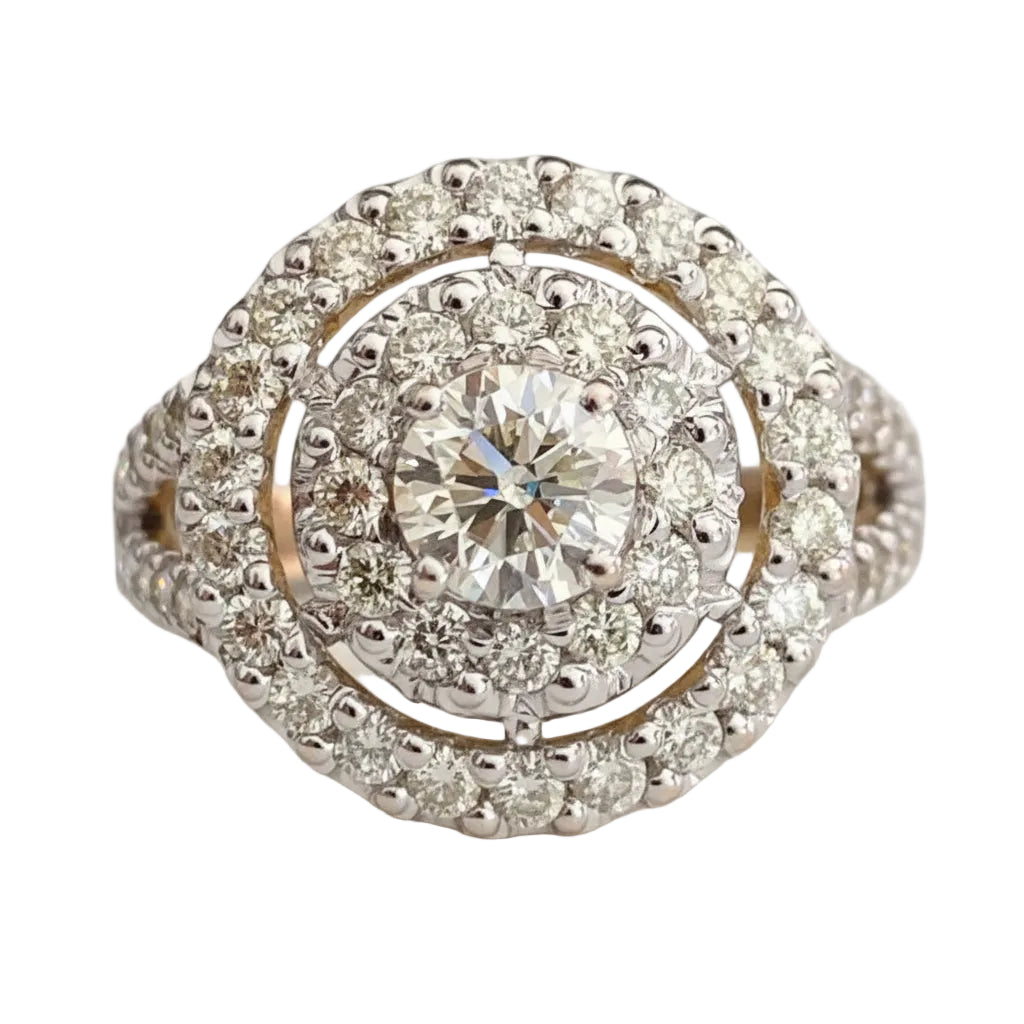 18K Yellow Gold 1.75CT Diamond Double Halo Statement Ring - Size O 1/2 (US 7.5)