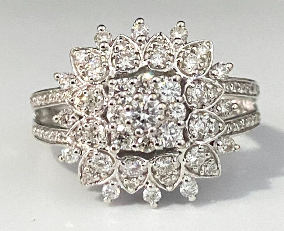 10K White Gold & 1.0CT Diamond Cluster Ring Size N 1/2 - 6 3/4
