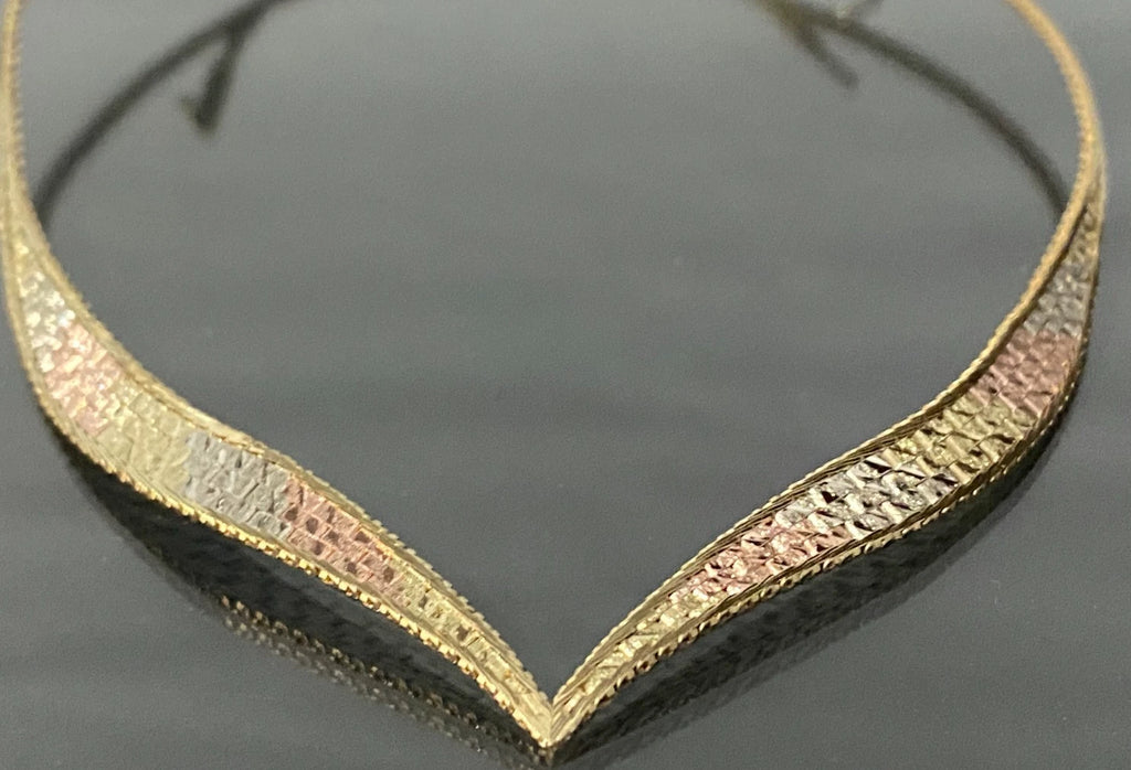 9K Tri-Color Gold Flat Collar Brick Design V Shaped Chain Necklace 40cm Long