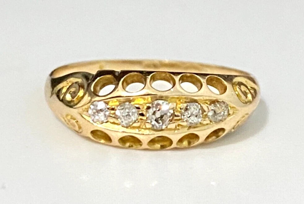 Edwardian 18K Yellow Gold & Old European Cut Diamond Ring Size K 1/2 - 5 3/8