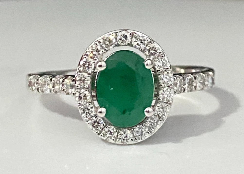 9K White Gold W/ Emerald & 0.50CT Diamond Ring Size S - 9 3/8