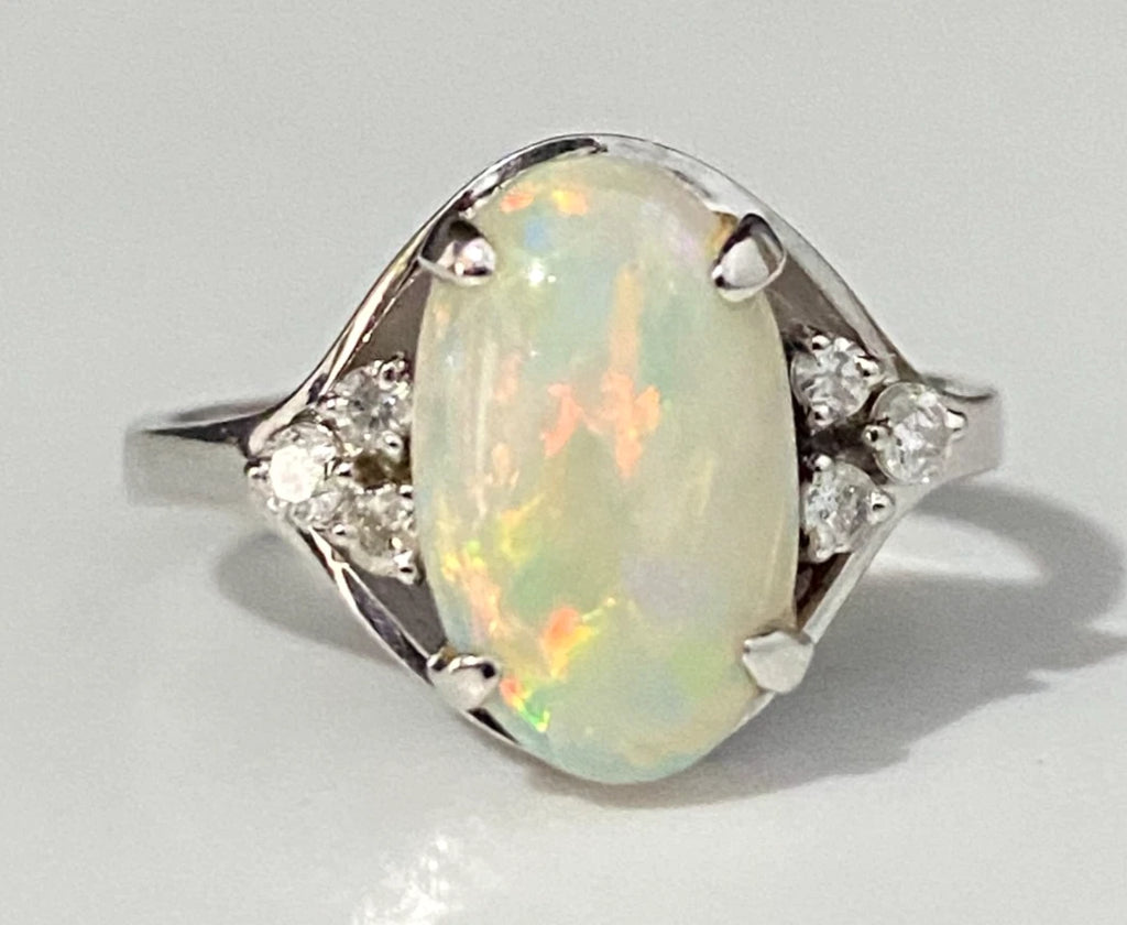 14K White Gold With Opal & Diamond Ring Size N - 6 3/4