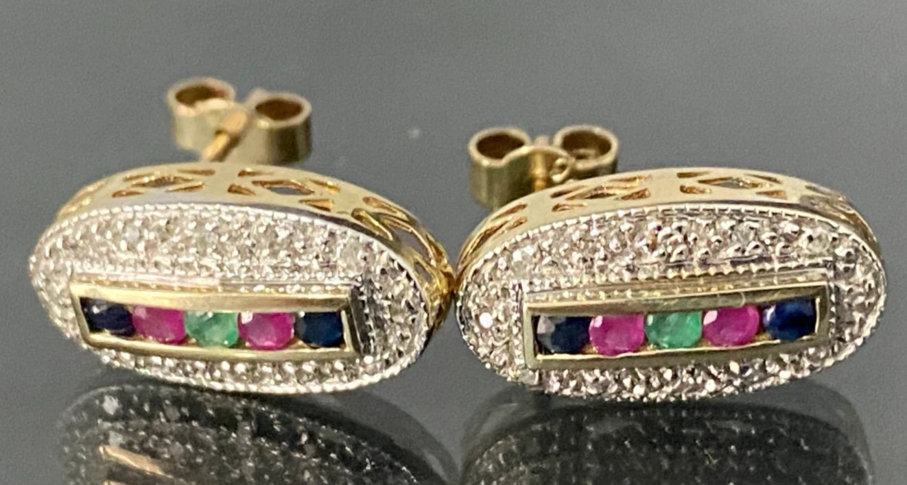 9K Yellow Gold W/ Diamond & Multi Gemstones Stud Earrings 15.0mm High